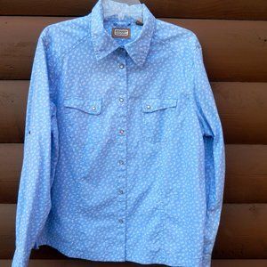 CE Schmidt Workwear Snap Shirt Womens 1X Blue Floral Long Sleeve Pockets Cotton